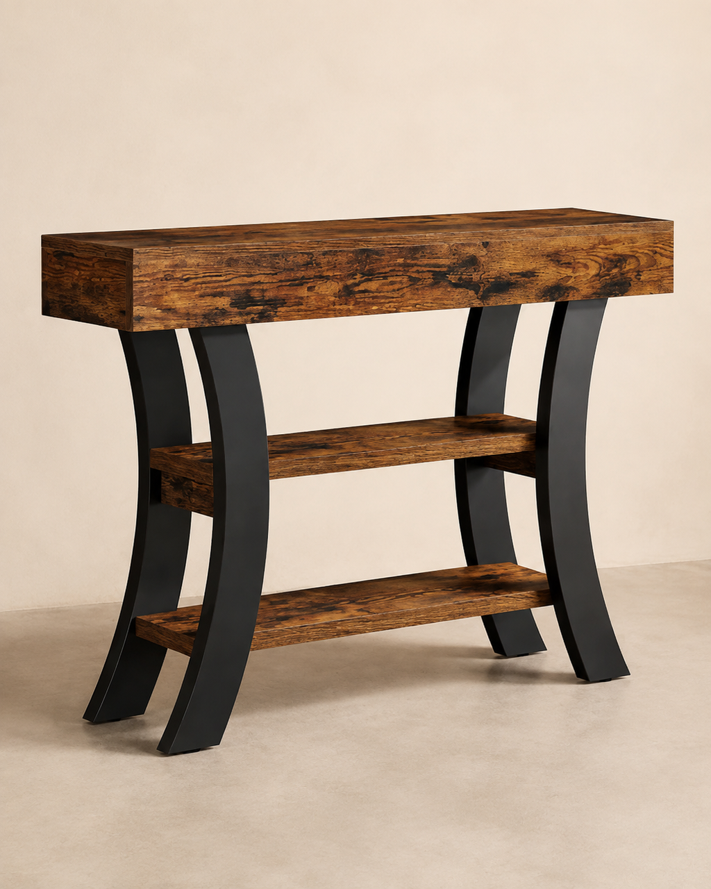 3-Tier Rustic Console Table with Curved Frame