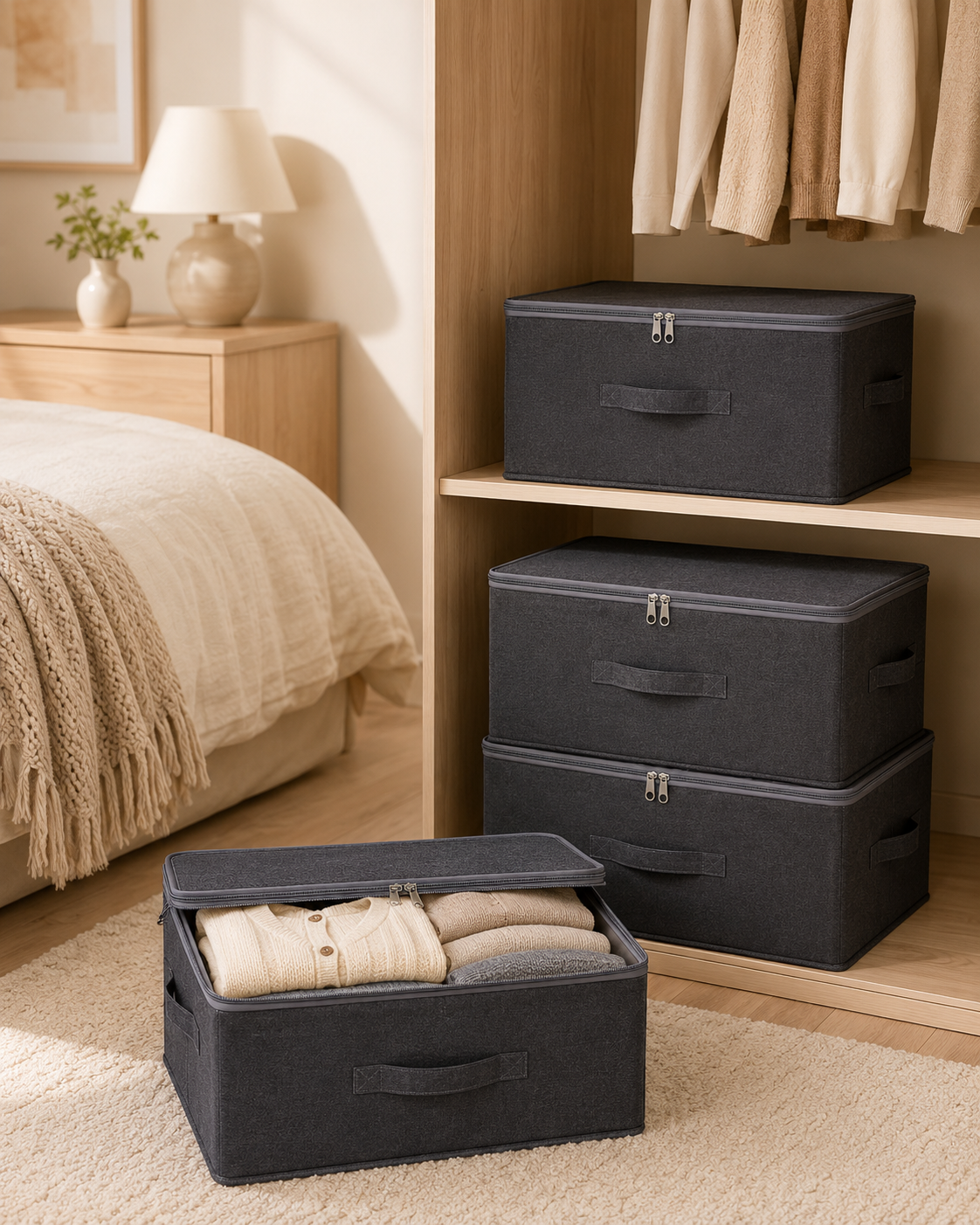 4-Pack Large Foldable Fabric Storage Boxes with Zippered Lids & Handles