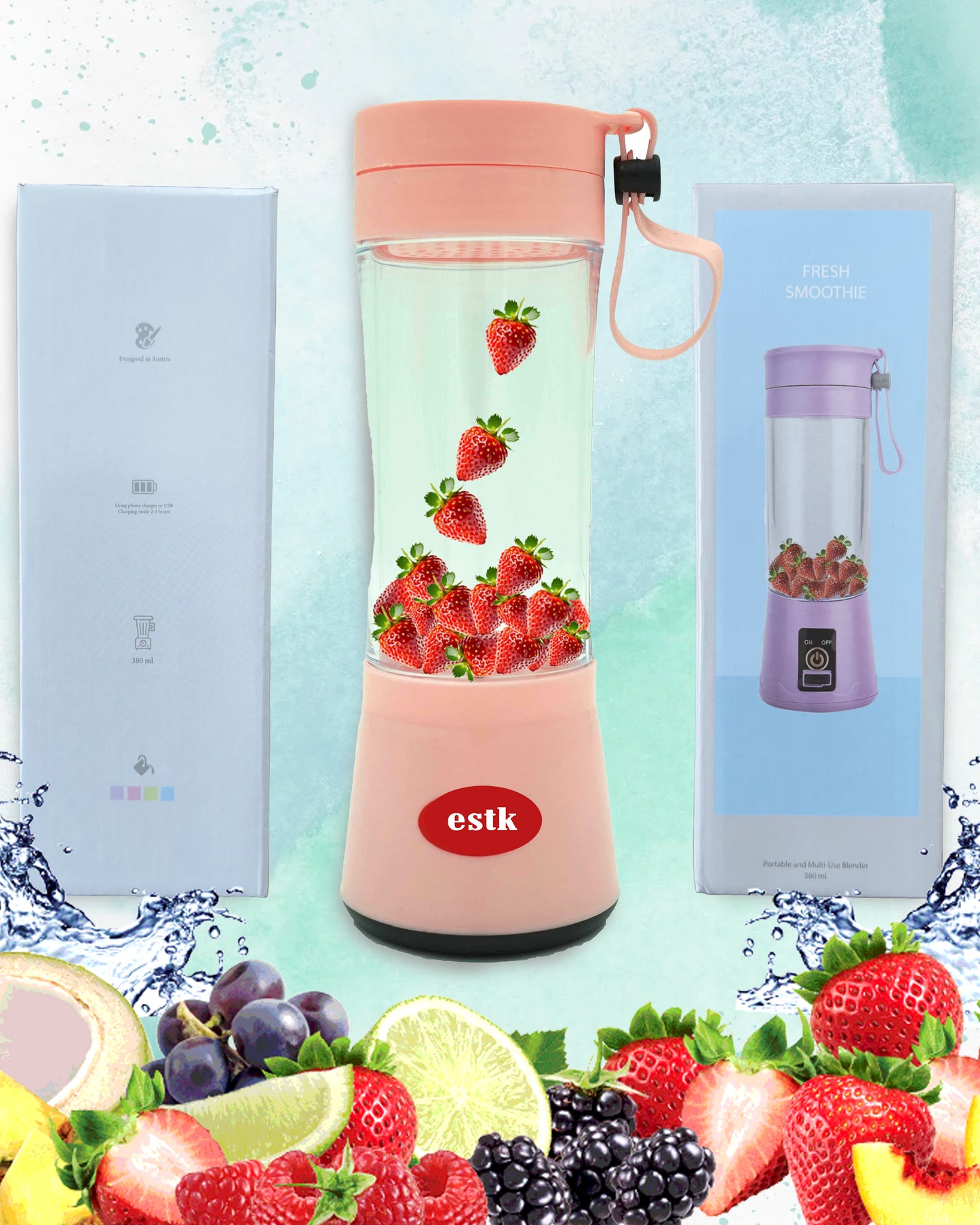 ESTK™ Takeaway Smoothie Blender, Portable Blender (Rosa, 380 ml)