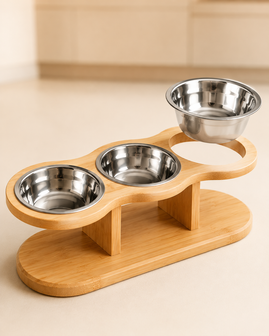 Elevated Wooden Cat Feeder – 3 Bowls