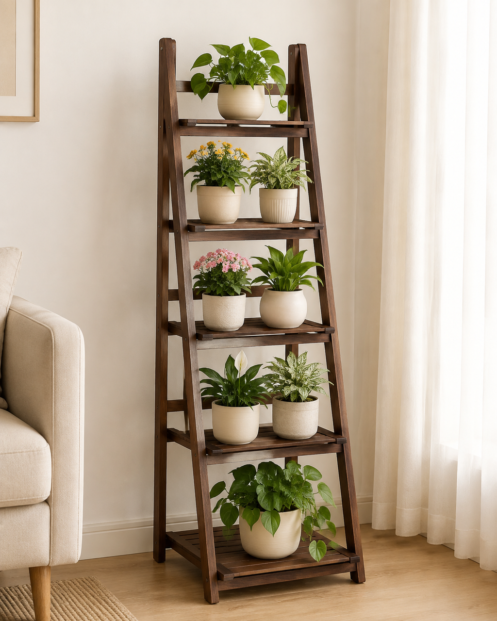 Foldable 4-Tier Wooden Ladder Shelf