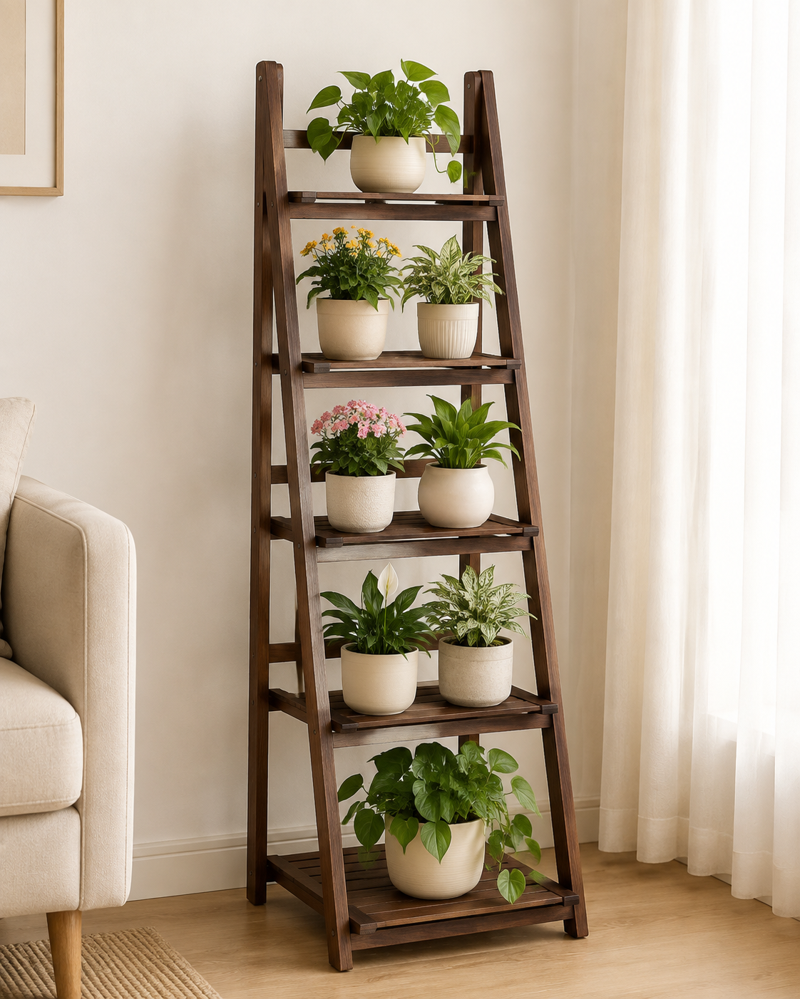 Foldable 4-Tier Wooden Ladder Shelf