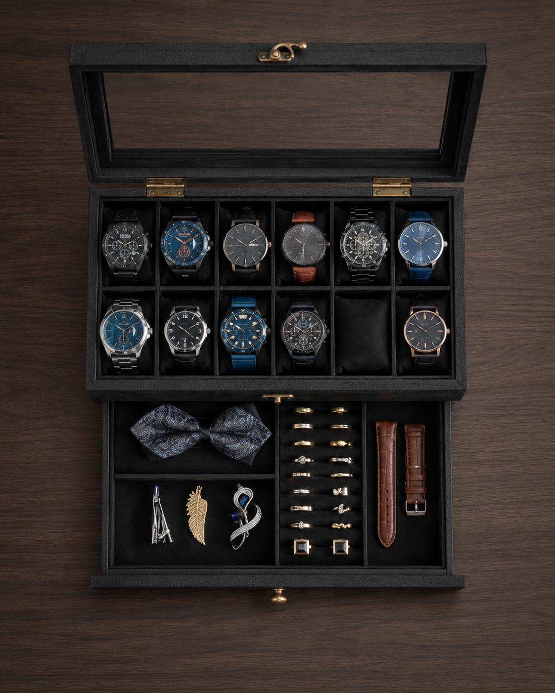 12-Slot Two-Tier Watch & Jewelry Box – Black