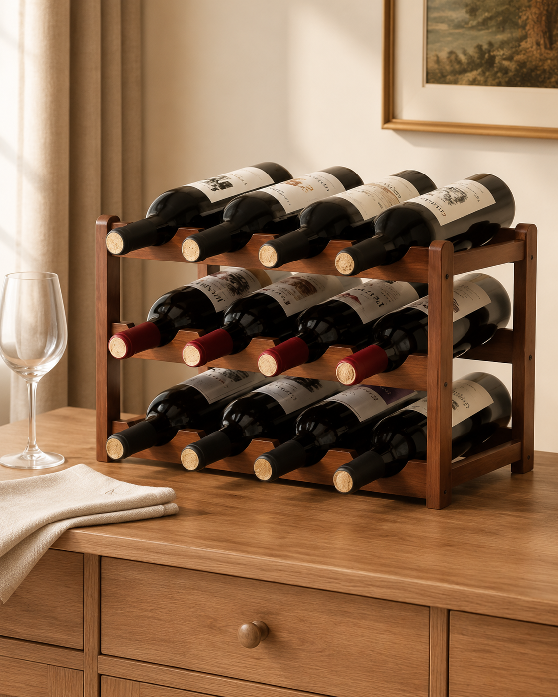 12-Bottle 3-Tier Wooden Wine Rack