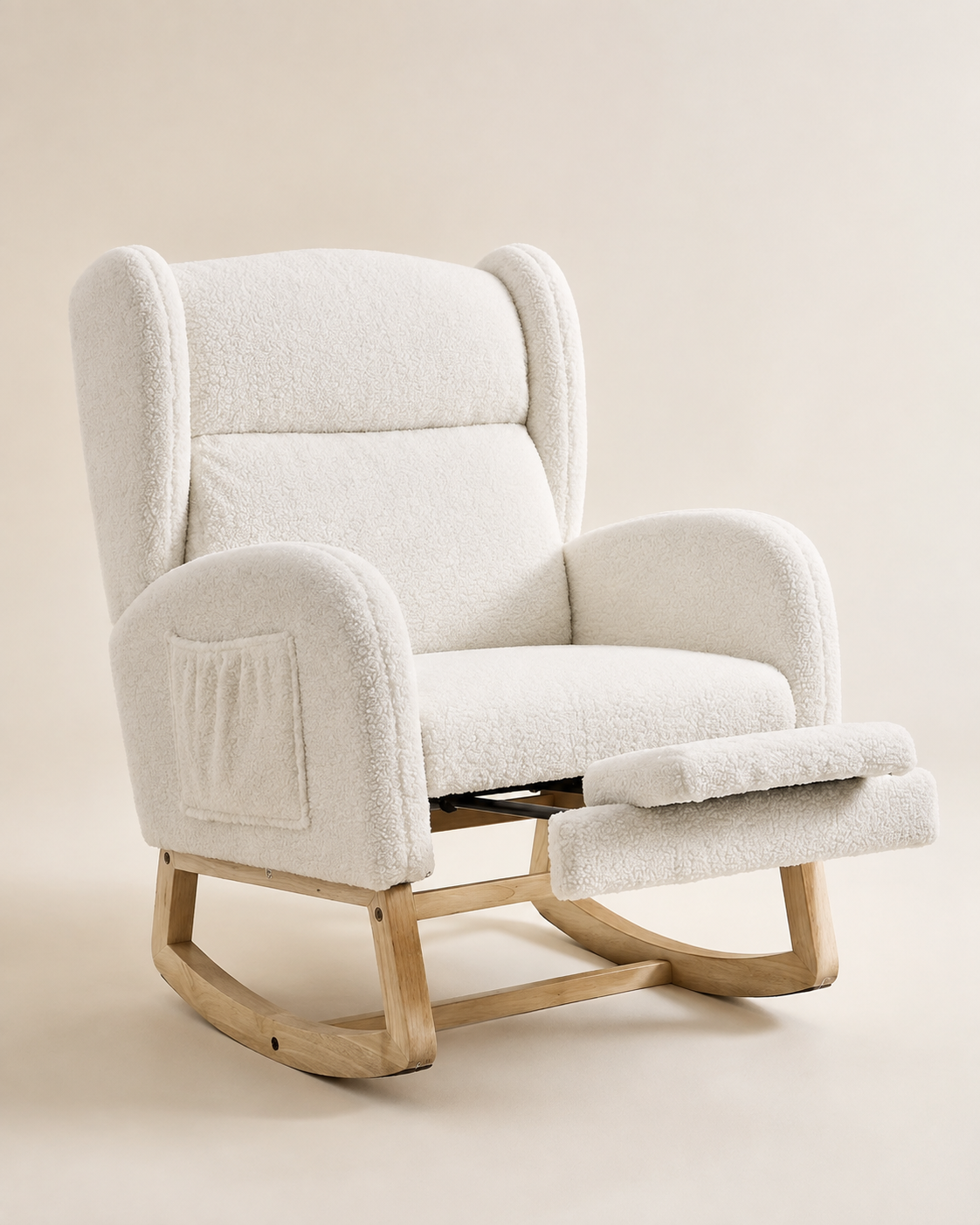 Premium White Teddy Rocking Chair with Footrest & Side Pocket