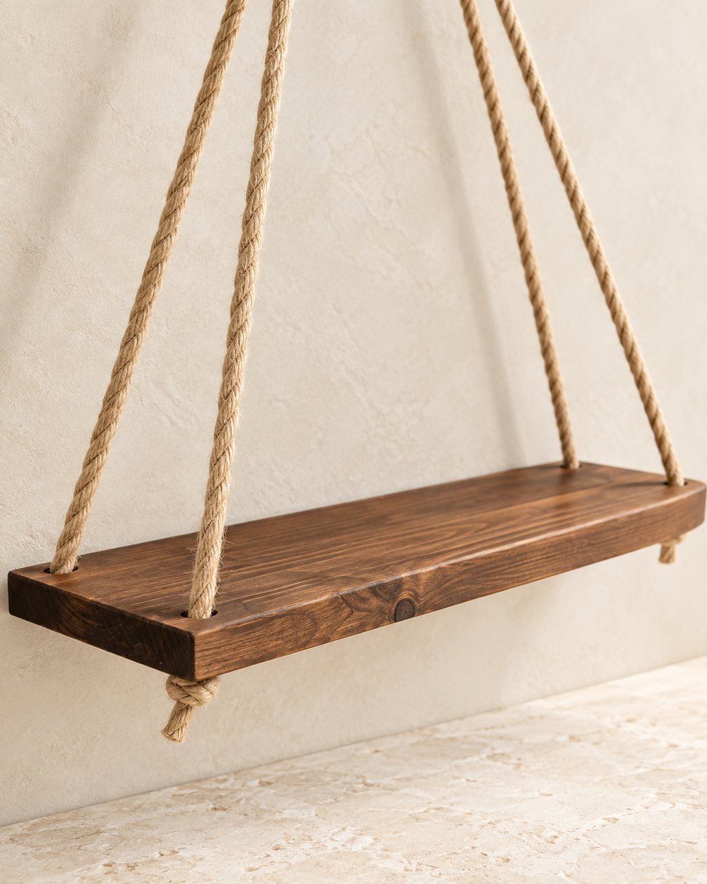 Hanging Wooden Shelf with Hemp Rope
