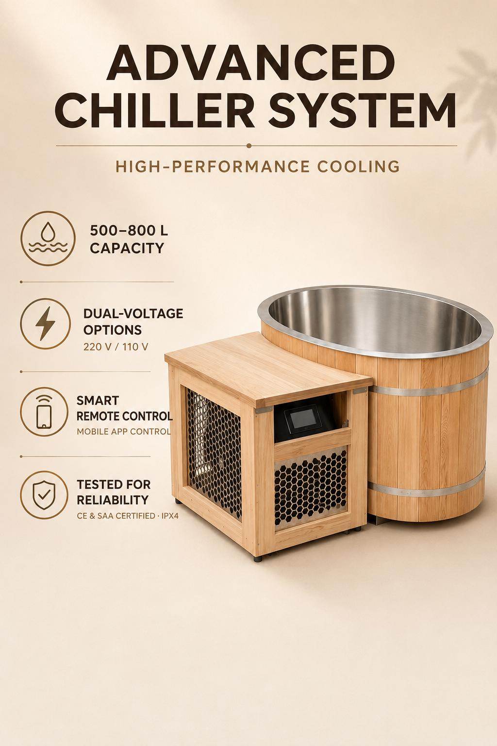 Coasts Home Spa Red Cedar Ice Bath with Stainless Steel Tub & Chiller