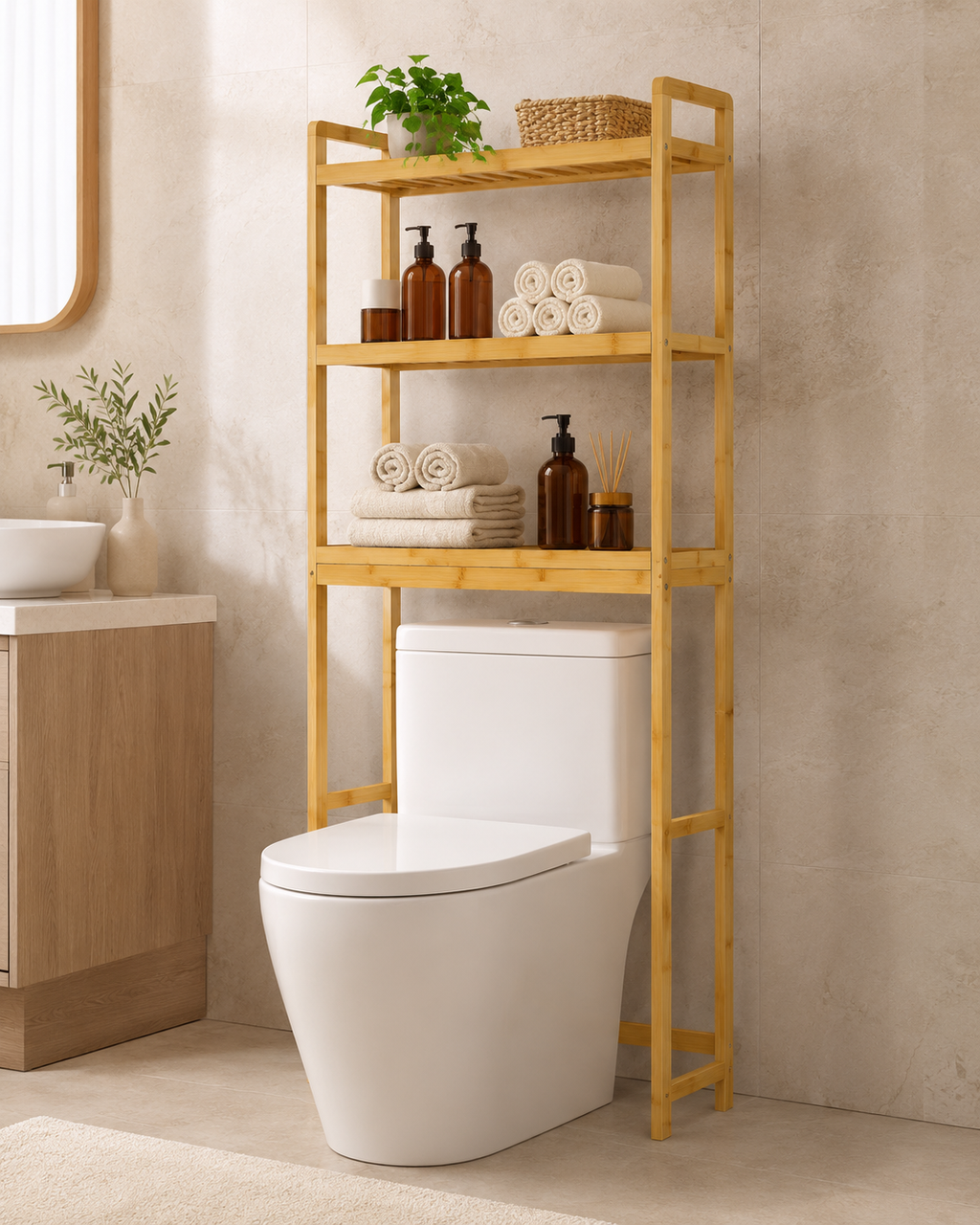 3-Tier Adjustable Bamboo Bathroom Storage Shelf