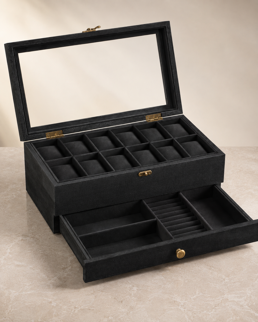 12-Slot Two-Tier Watch & Jewelry Box – Black