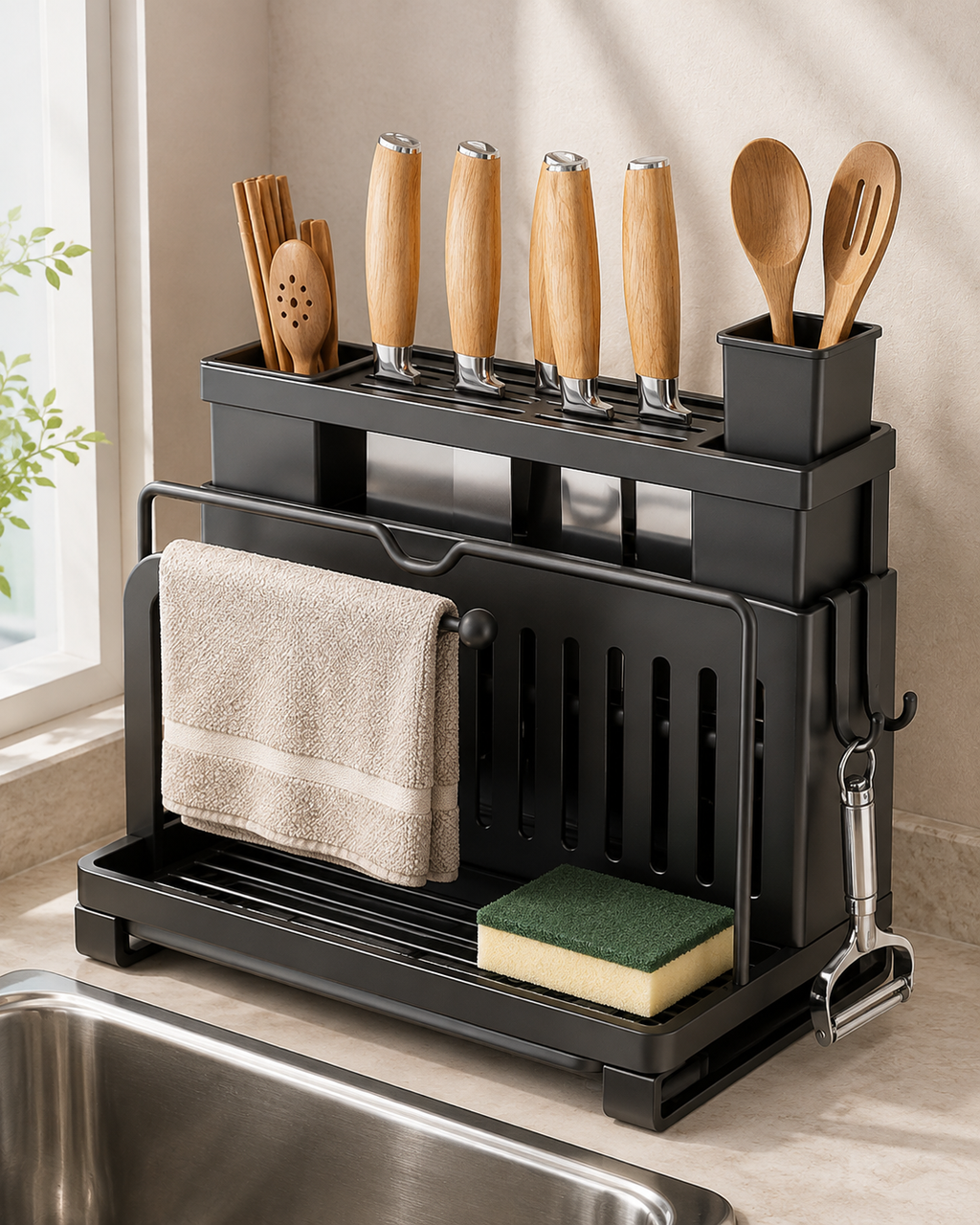 No-Drill Wall-Mounted Cutlery Organizer with Hooks
