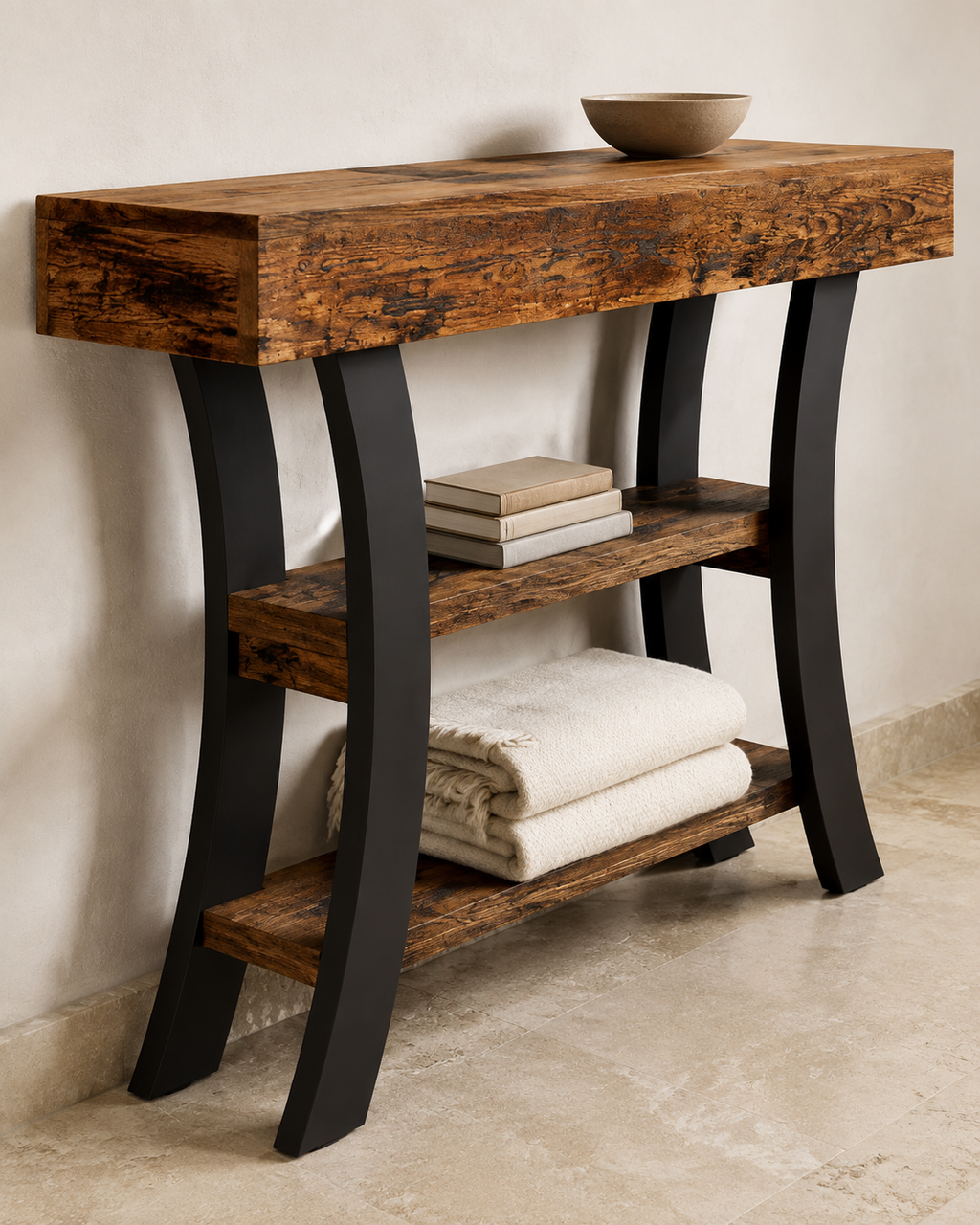 3-Tier Rustic Console Table with Curved Frame