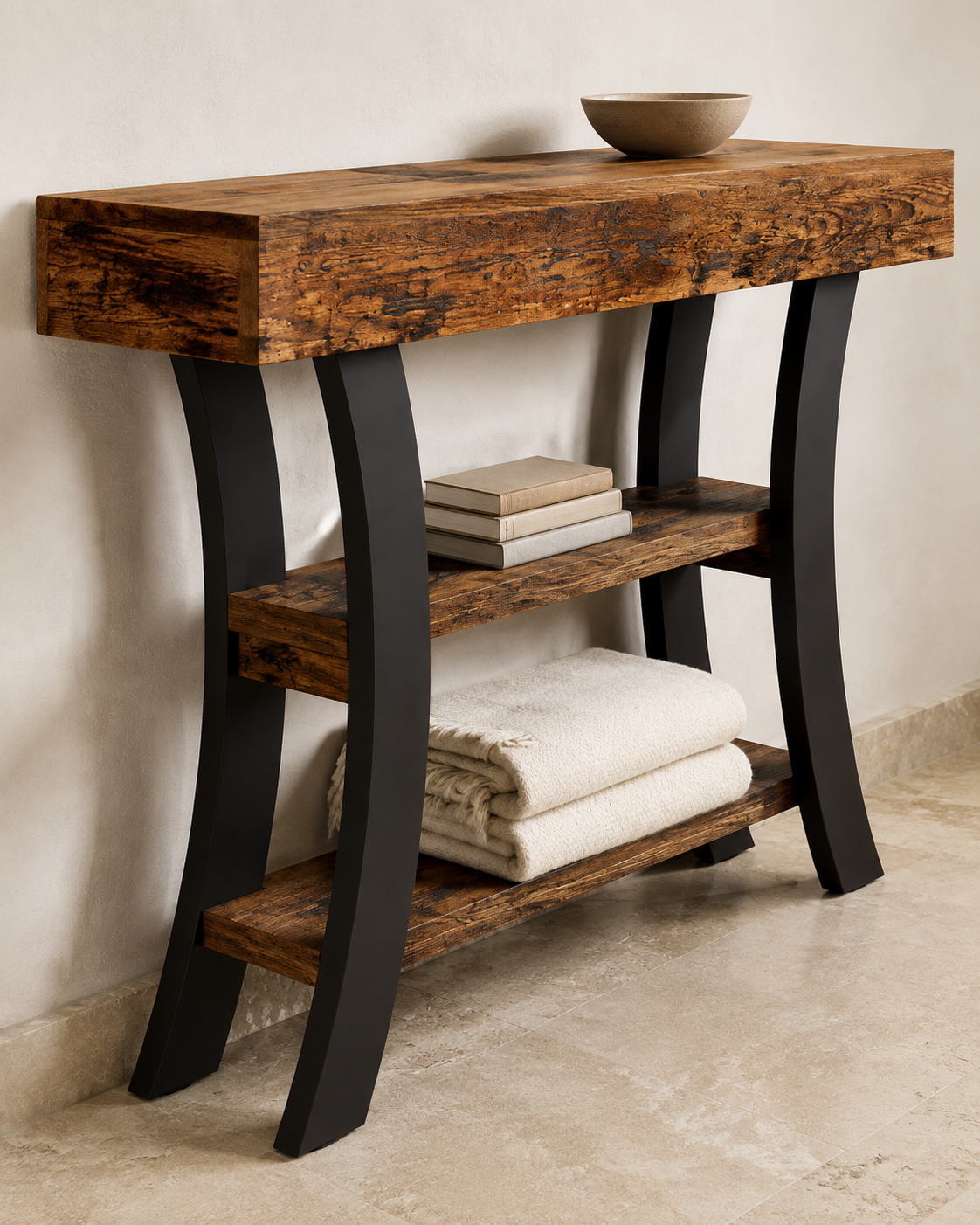 3-Tier Rustic Console Table with Curved Frame