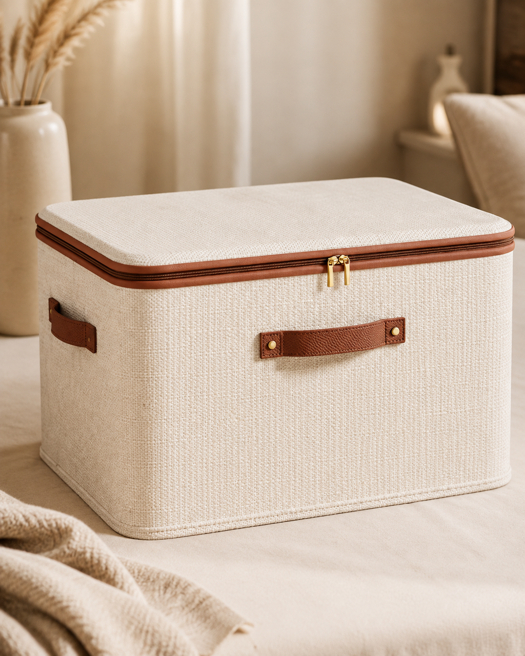 Washable Foldable Clothing Storage Box with Zippered Lid & Handles