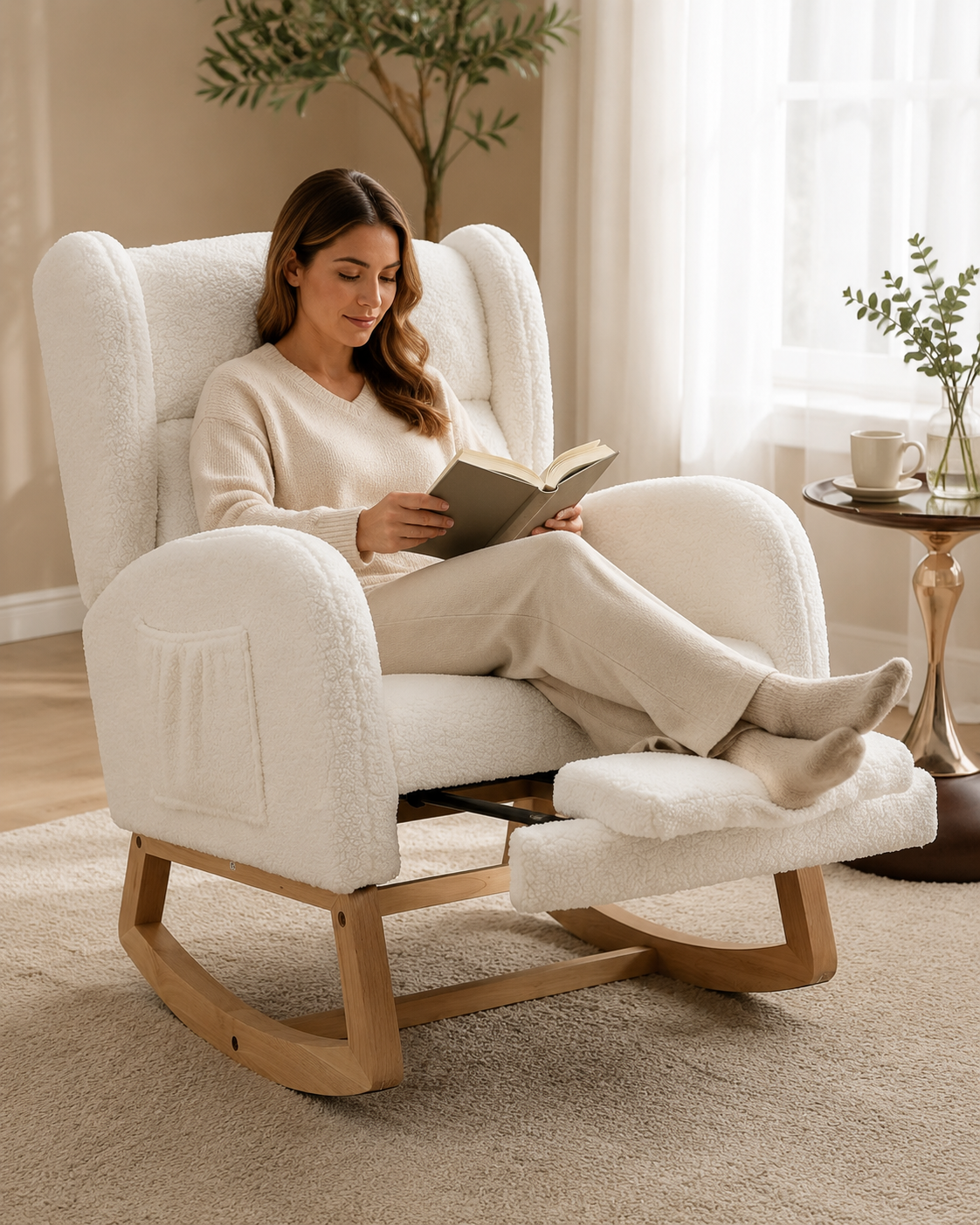 Premium White Teddy Rocking Chair with Footrest & Side Pocket
