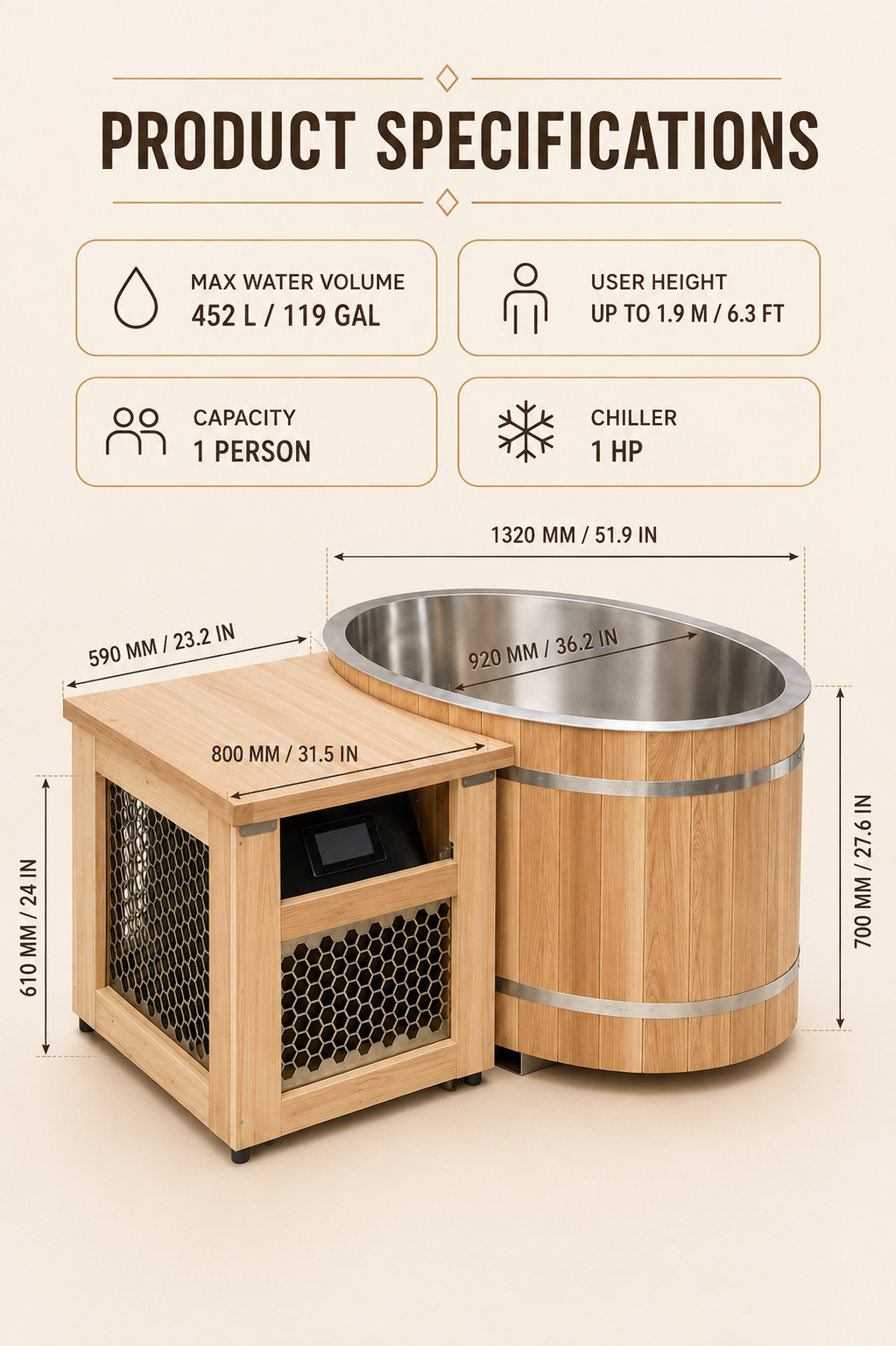 Coasts Home Spa Red Cedar Ice Bath with Stainless Steel Tub & Chiller