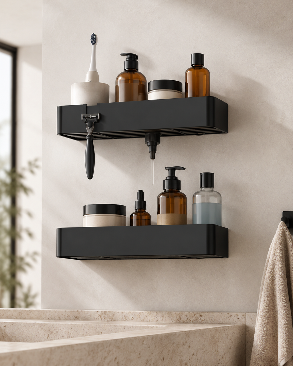 2-Piece Drill-Free Shower Caddy with Hooks