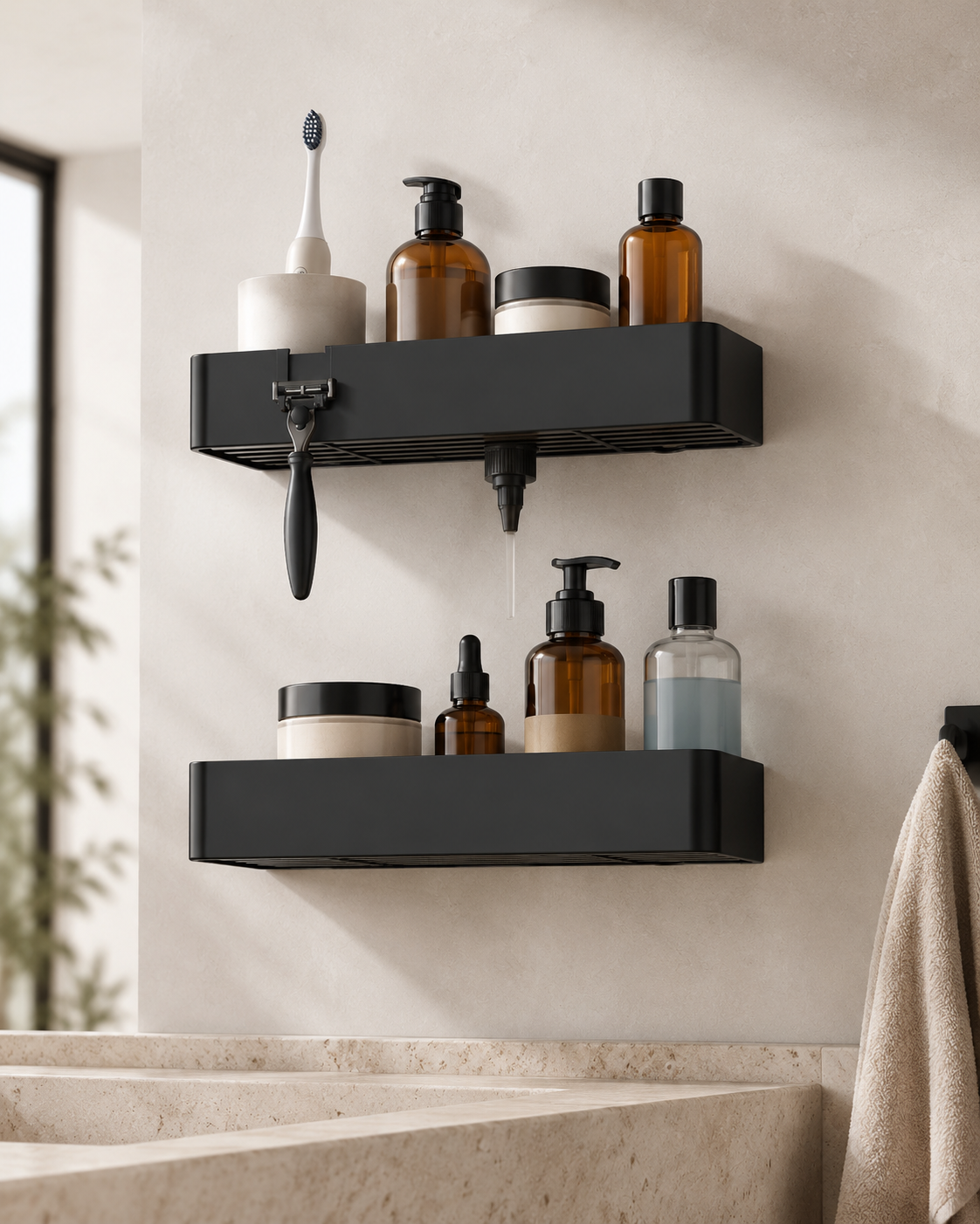 2-Piece Drill-Free Shower Caddy with Hooks