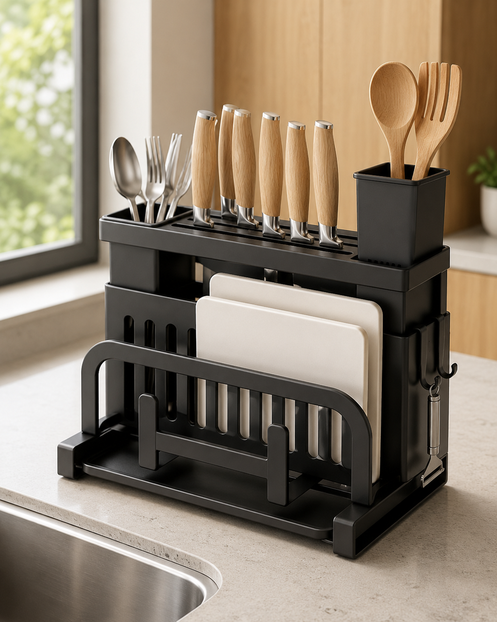 No-Drill Wall-Mounted Cutlery Organizer with Hooks