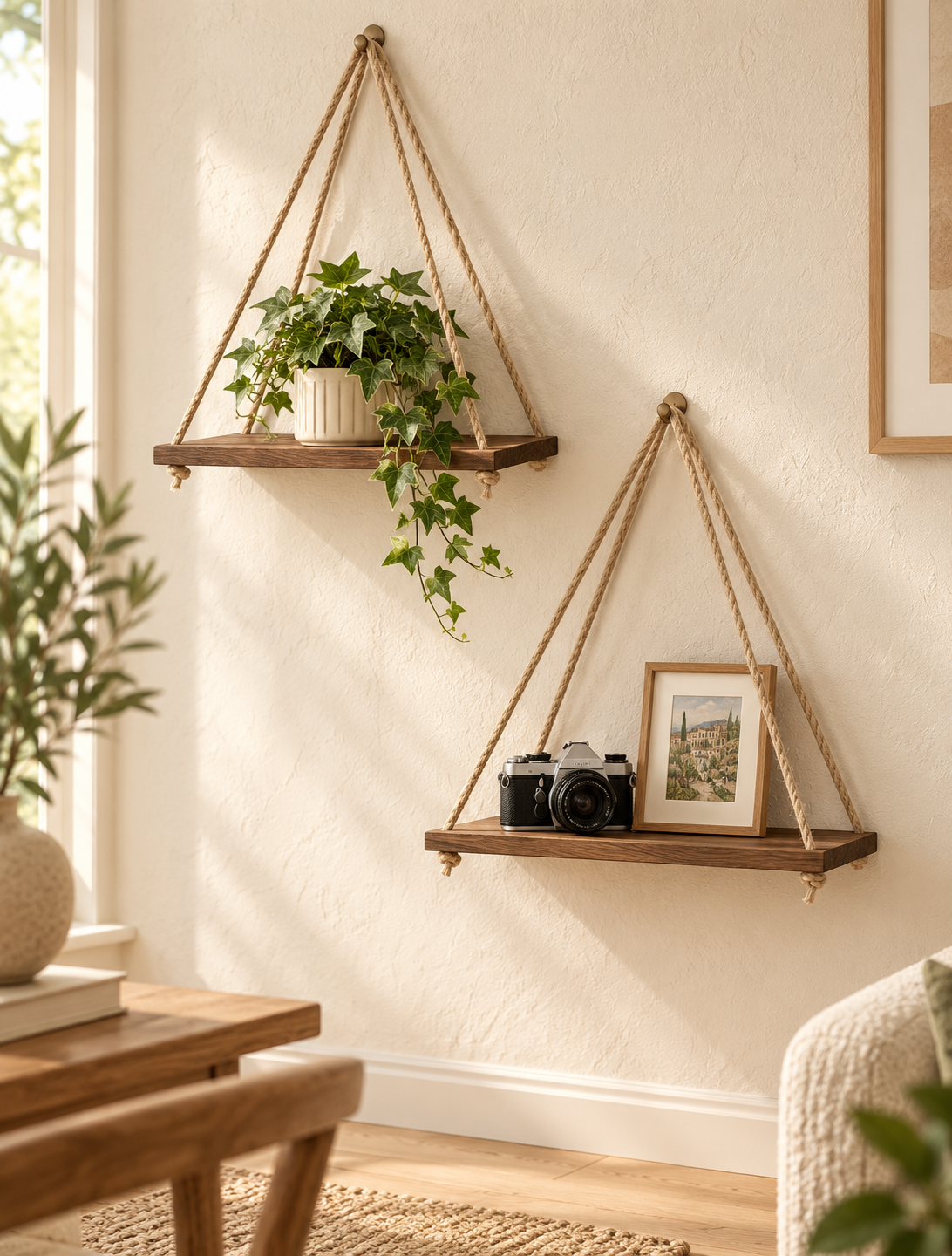 Hanging Wooden Shelf with Hemp Rope