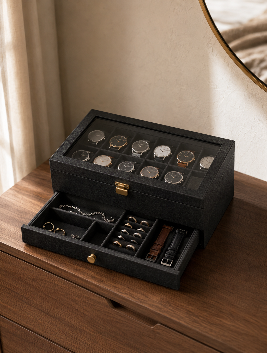 12-Slot Two-Tier Watch & Jewelry Box – Black