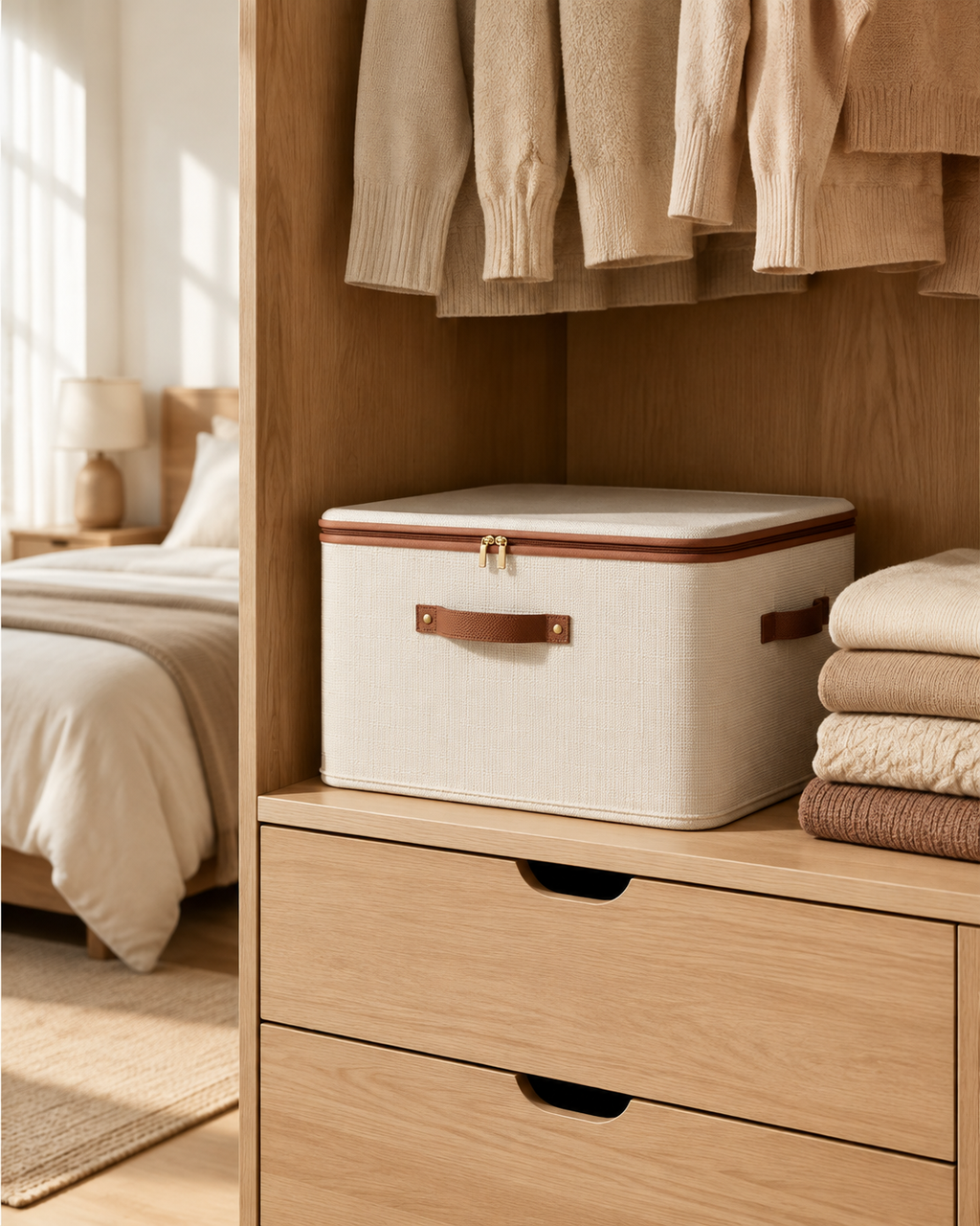 Washable Foldable Clothing Storage Box with Zippered Lid & Handles