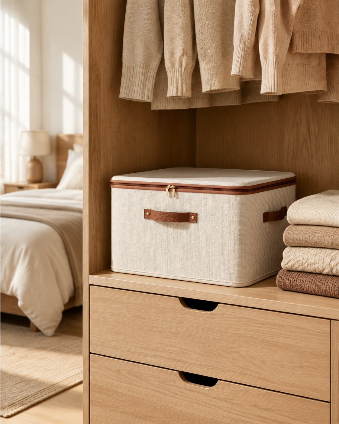Washable Foldable Clothing Storage Box with Zippered Lid & Handles