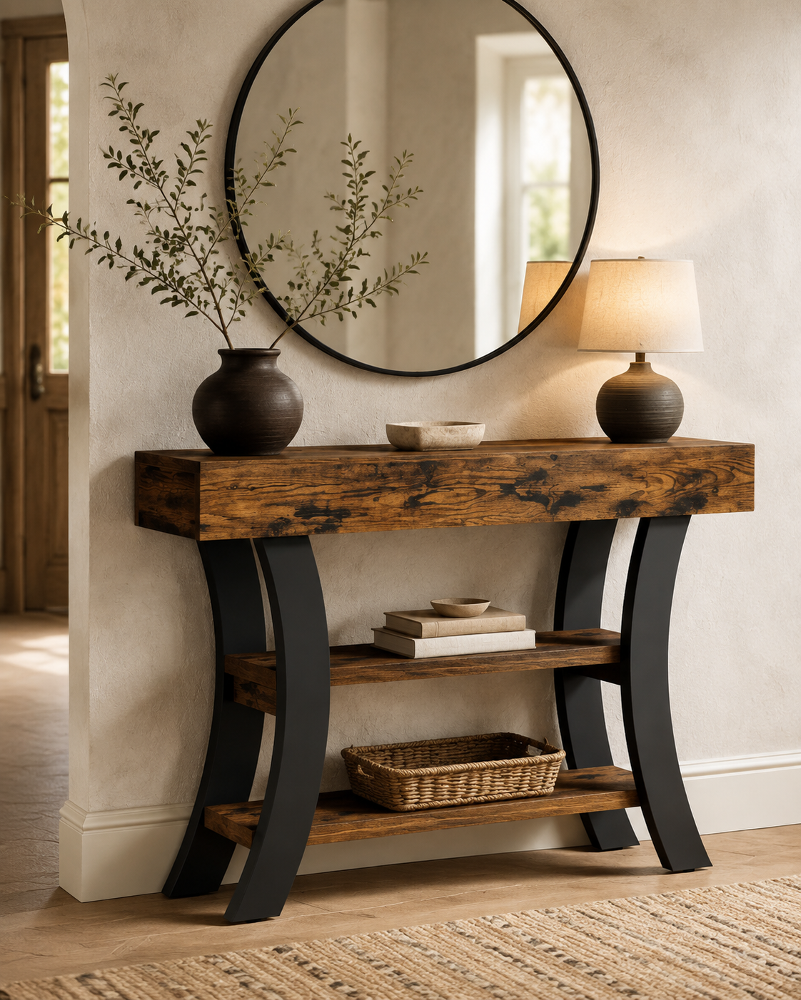 3-Tier Rustic Console Table with Curved Frame