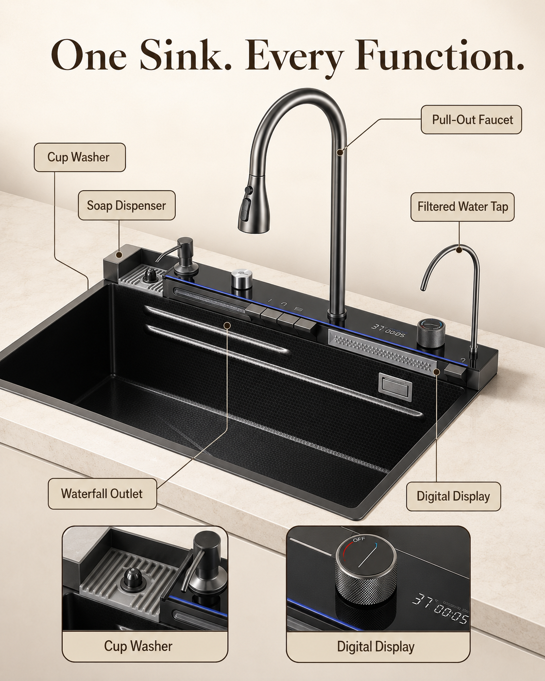 Stainless Steel Waterfall Kitchen Sink Set