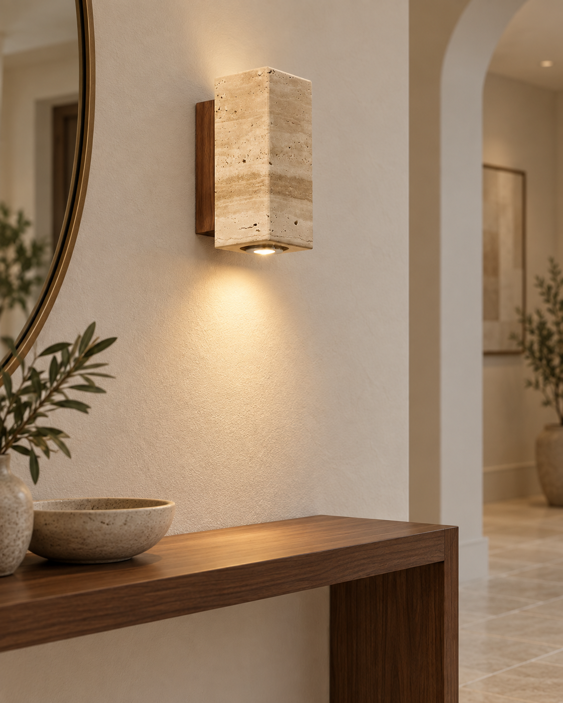 Wabi-Sabi Travertine LED Wall Lamp – Walnut