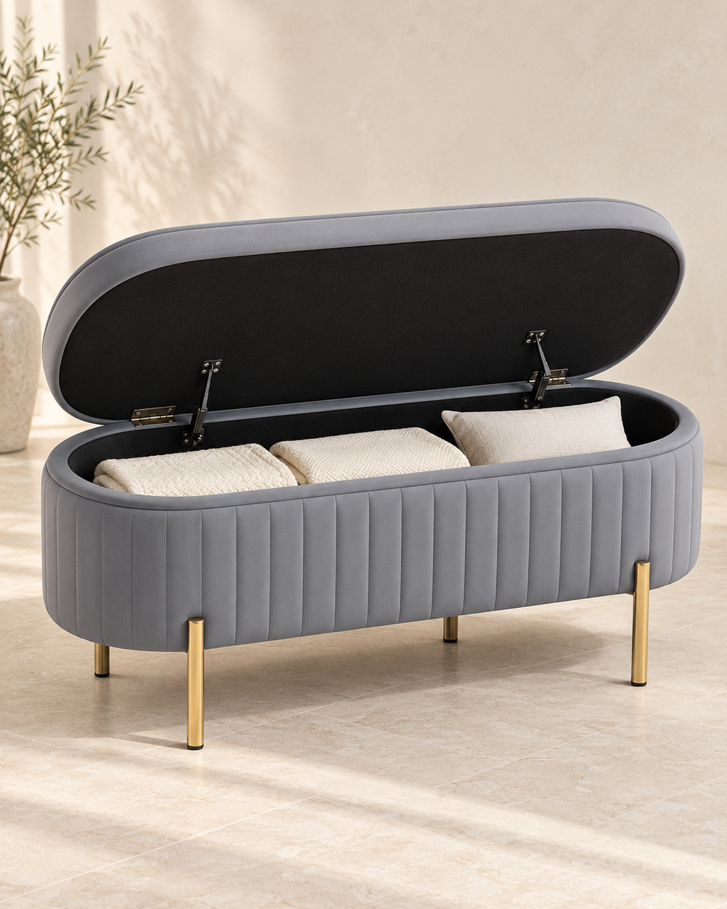 Velvet Storage Bench with Lift-Up Lid