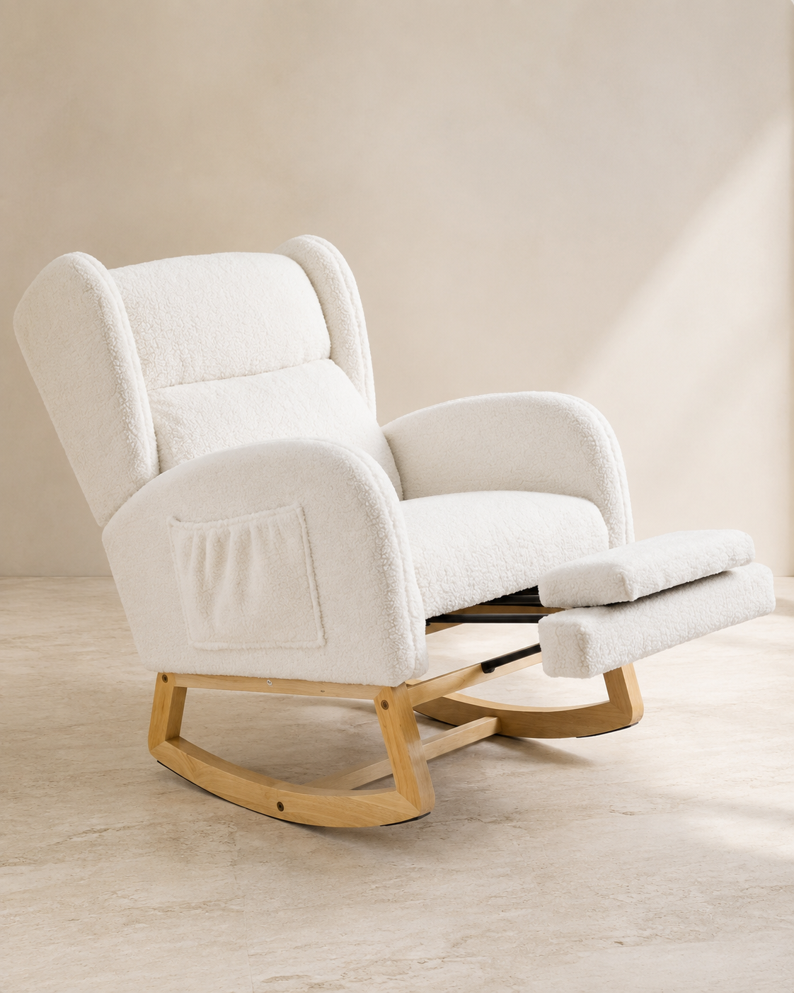 Premium White Teddy Rocking Chair with Footrest & Side Pocket