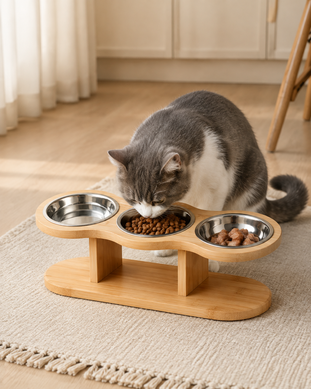 Elevated Wooden Cat Feeder – 3 Bowls