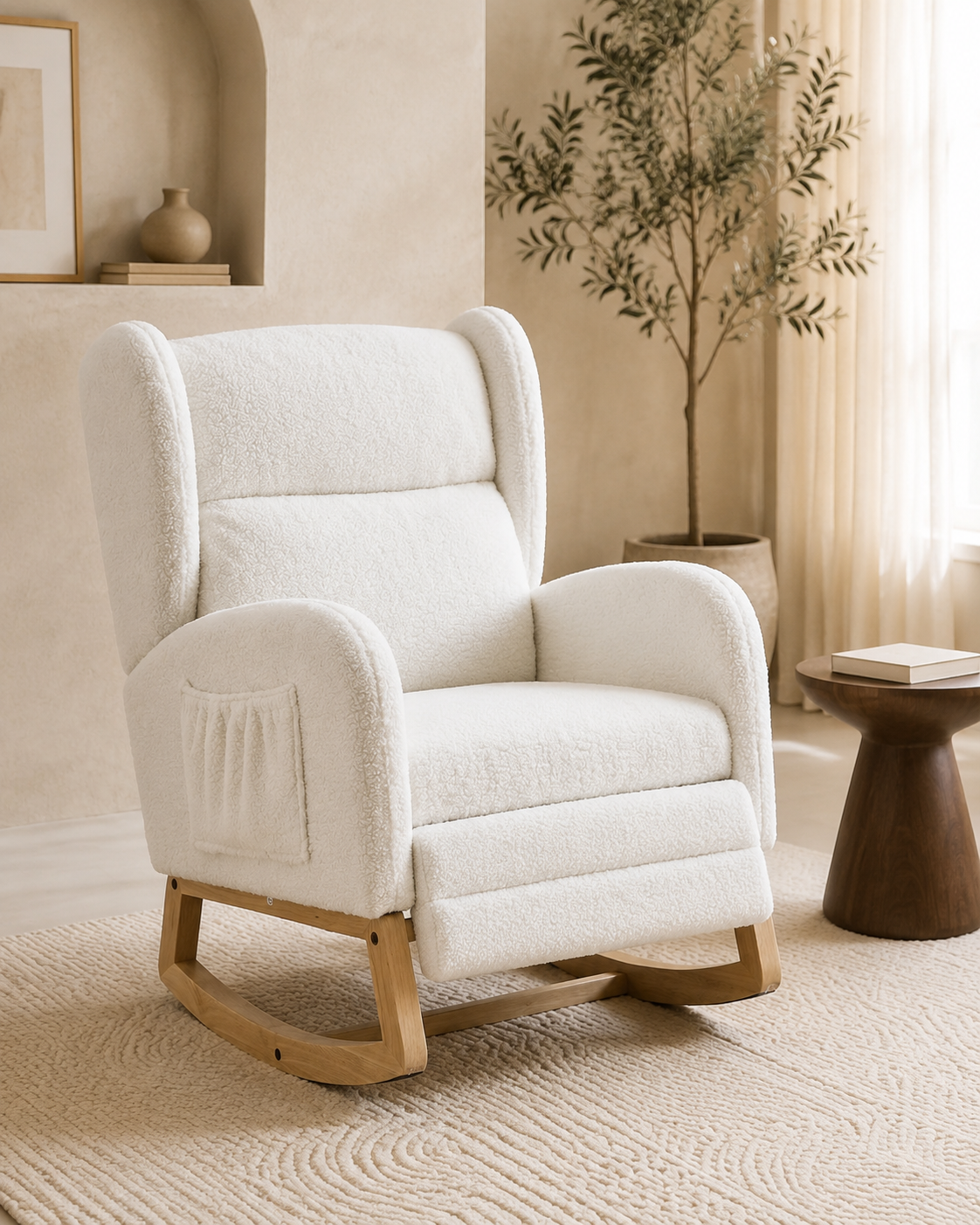 Premium White Teddy Rocking Chair with Footrest & Side Pocket